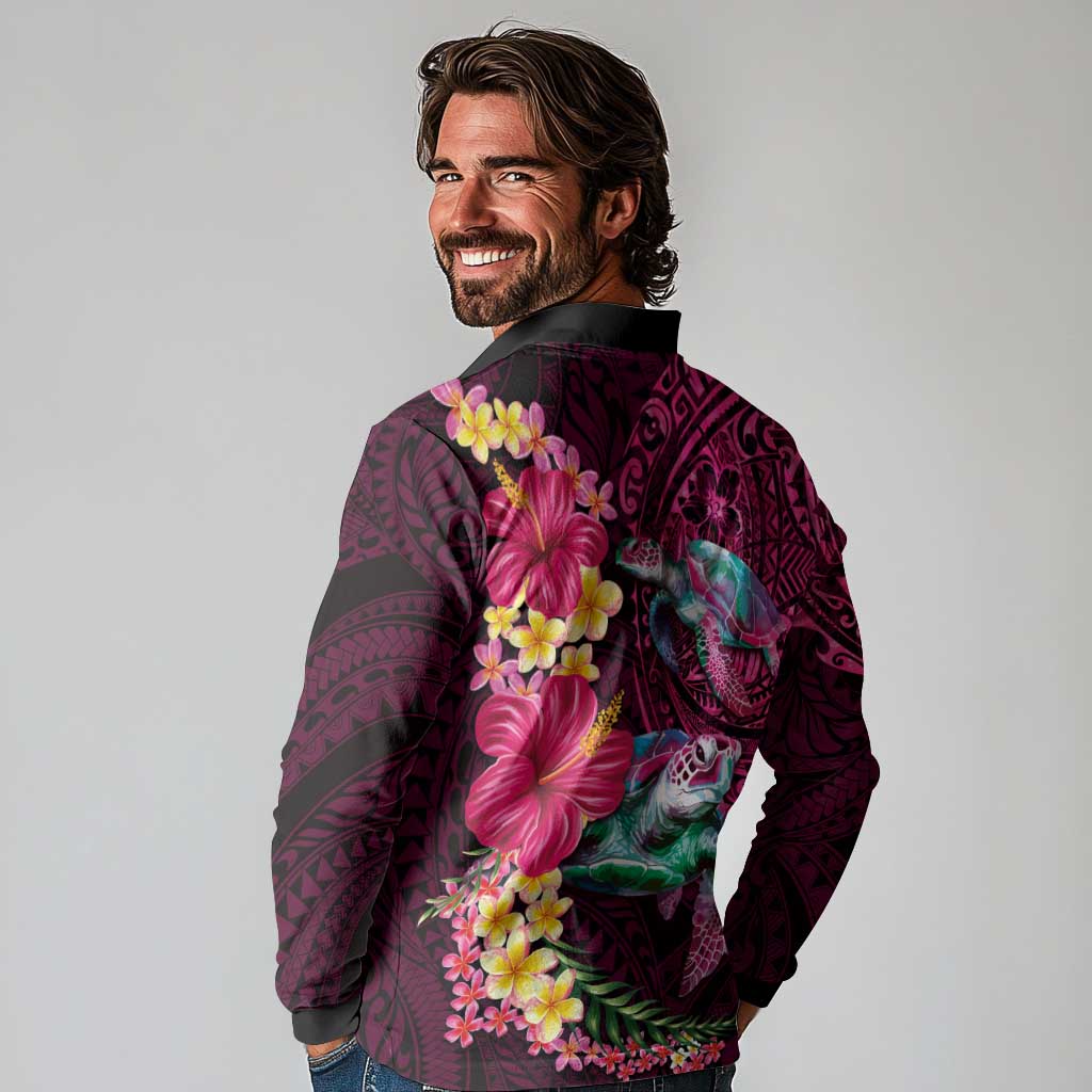 Hawaiian Plumeria and Hibiscus with Turtles Long Sleeve Polo Shirt Polynesian Art Red Color LT03 - Polynesian Pride