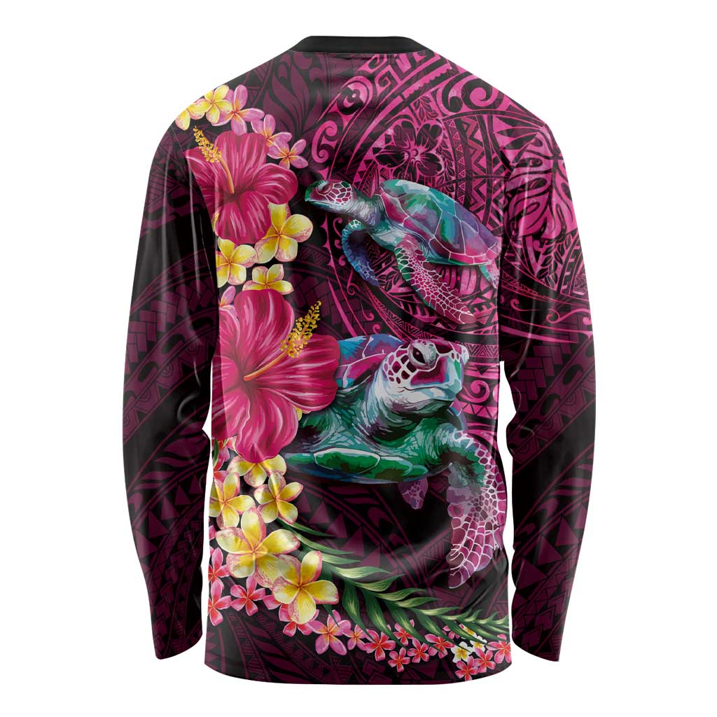 Hawaiian Plumeria and Hibiscus with Turtles Long Sleeve Shirt Polynesian Art Red Color LT03 - Polynesian Pride