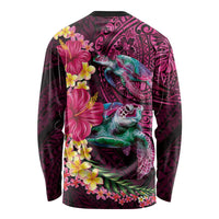 Hawaiian Plumeria and Hibiscus with Turtles Long Sleeve Shirt Polynesian Art Red Color LT03 - Polynesian Pride