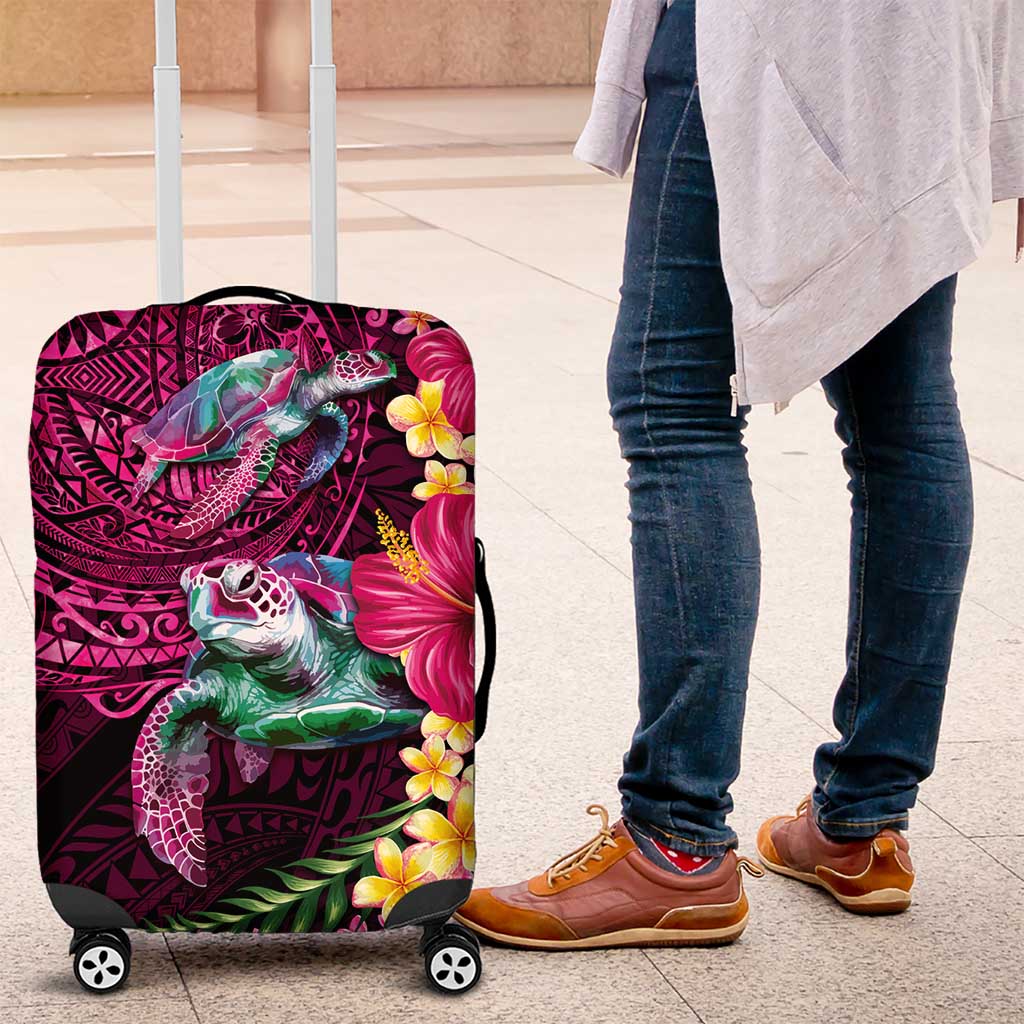 Hawaiian Plumeria and Hibiscus with Turtles Luggage Cover Polynesian Art Red Color LT03 Red - Polynesian Pride