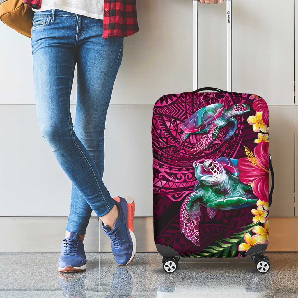 Hawaiian Plumeria and Hibiscus with Turtles Luggage Cover Polynesian Art Red Color LT03 - Polynesian Pride