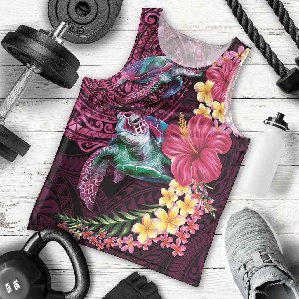 Hawaiian Plumeria and Hibiscus with Turtles Men Tank Top Polynesian Art Red Color - Polynesian Pride