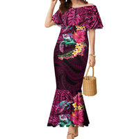 Hawaiian Plumeria and Hibiscus with Turtles Mermaid Dress Polynesian Art Red Color LT03 Women Red - Polynesian Pride