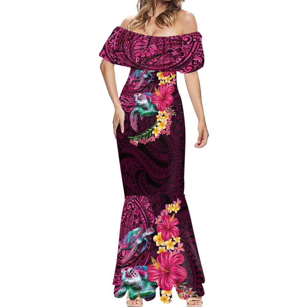 Hawaiian Plumeria and Hibiscus with Turtles Mermaid Dress Polynesian Art Red Color LT03 - Polynesian Pride
