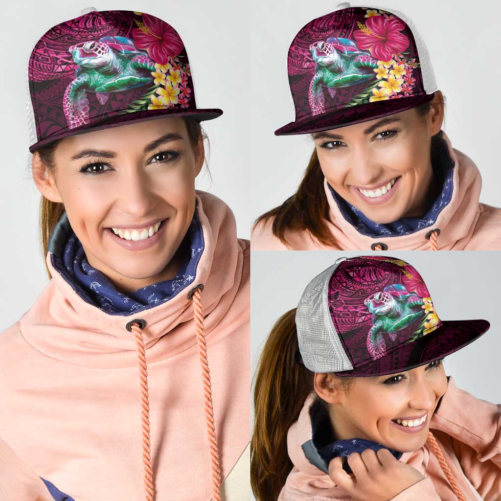 Hawaiian Plumeria and Hibiscus with Turtles Mesh Trucker Cap Polynesian Art Red Color - Polynesian Pride