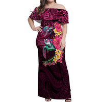 Hawaiian Plumeria and Hibiscus with Turtles Off Shoulder Maxi Dress Polynesian Art Red Color LT03 Women Red - Polynesian Pride