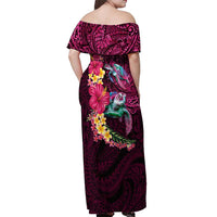 Hawaiian Plumeria and Hibiscus with Turtles Off Shoulder Maxi Dress Polynesian Art Red Color LT03 - Polynesian Pride