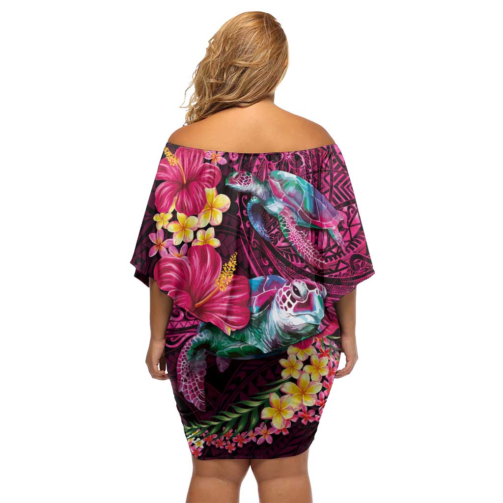 Hawaiian Plumeria and Hibiscus with Turtles Off Shoulder Short Dress Polynesian Art Red Color LT03 - Polynesian Pride