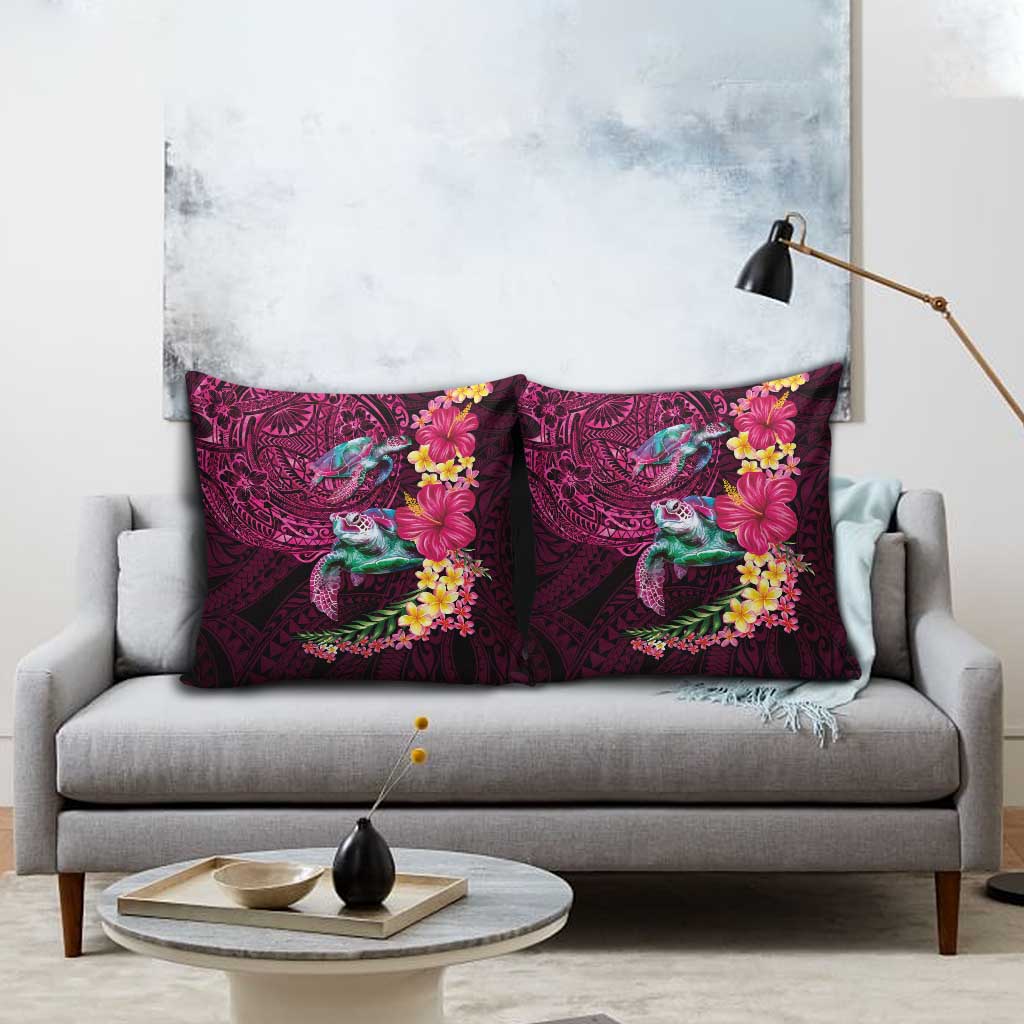 Hawaiian Plumeria and Hibiscus with Turtles Pillow Cover Polynesian Art Red Color - Polynesian Pride