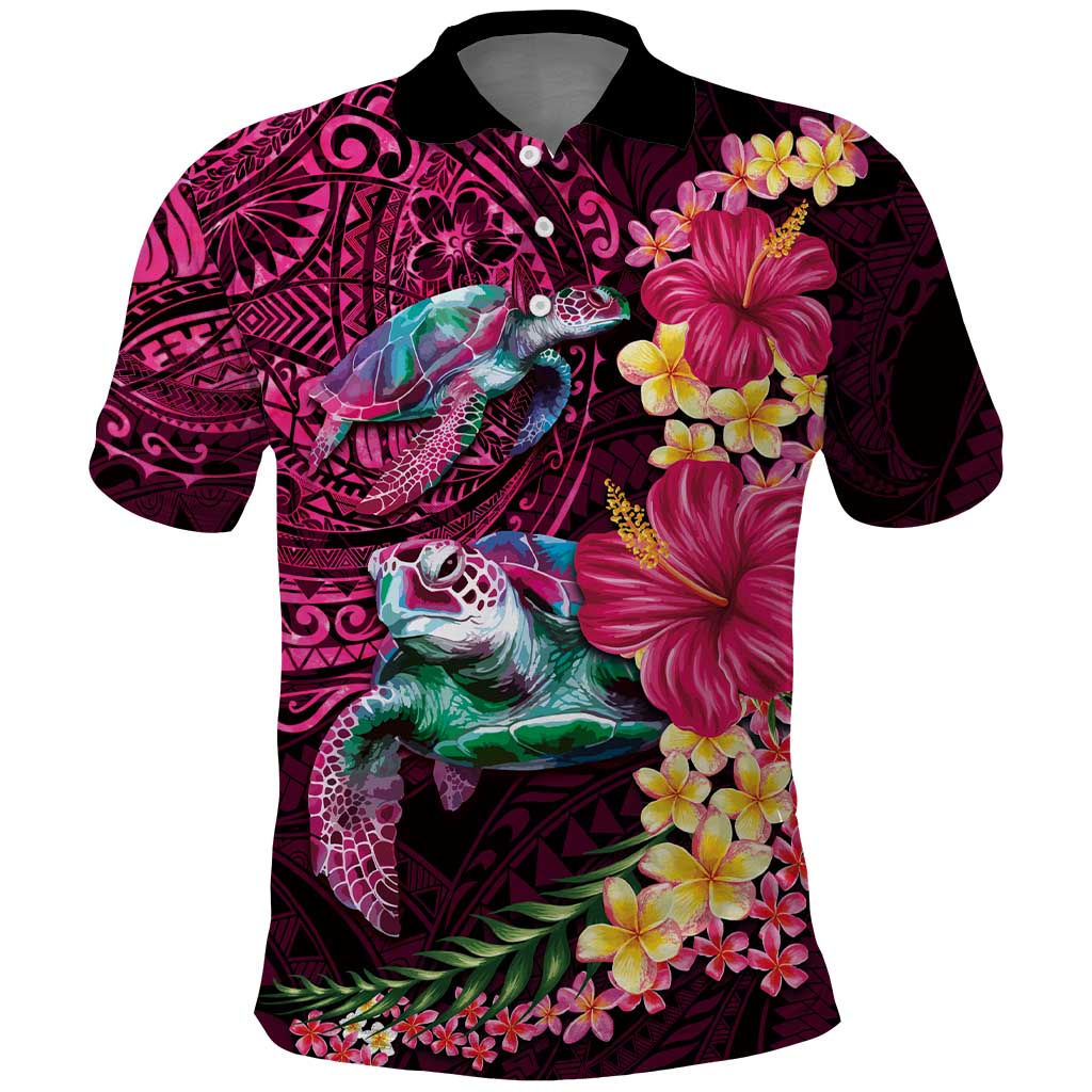 Hawaiian Plumeria and Hibiscus with Turtles Polo Shirt Polynesian Art Red Color LT03 Red - Polynesian Pride