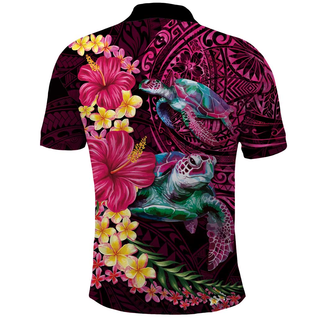 Hawaiian Plumeria and Hibiscus with Turtles Polo Shirt Polynesian Art Red Color LT03 - Polynesian Pride