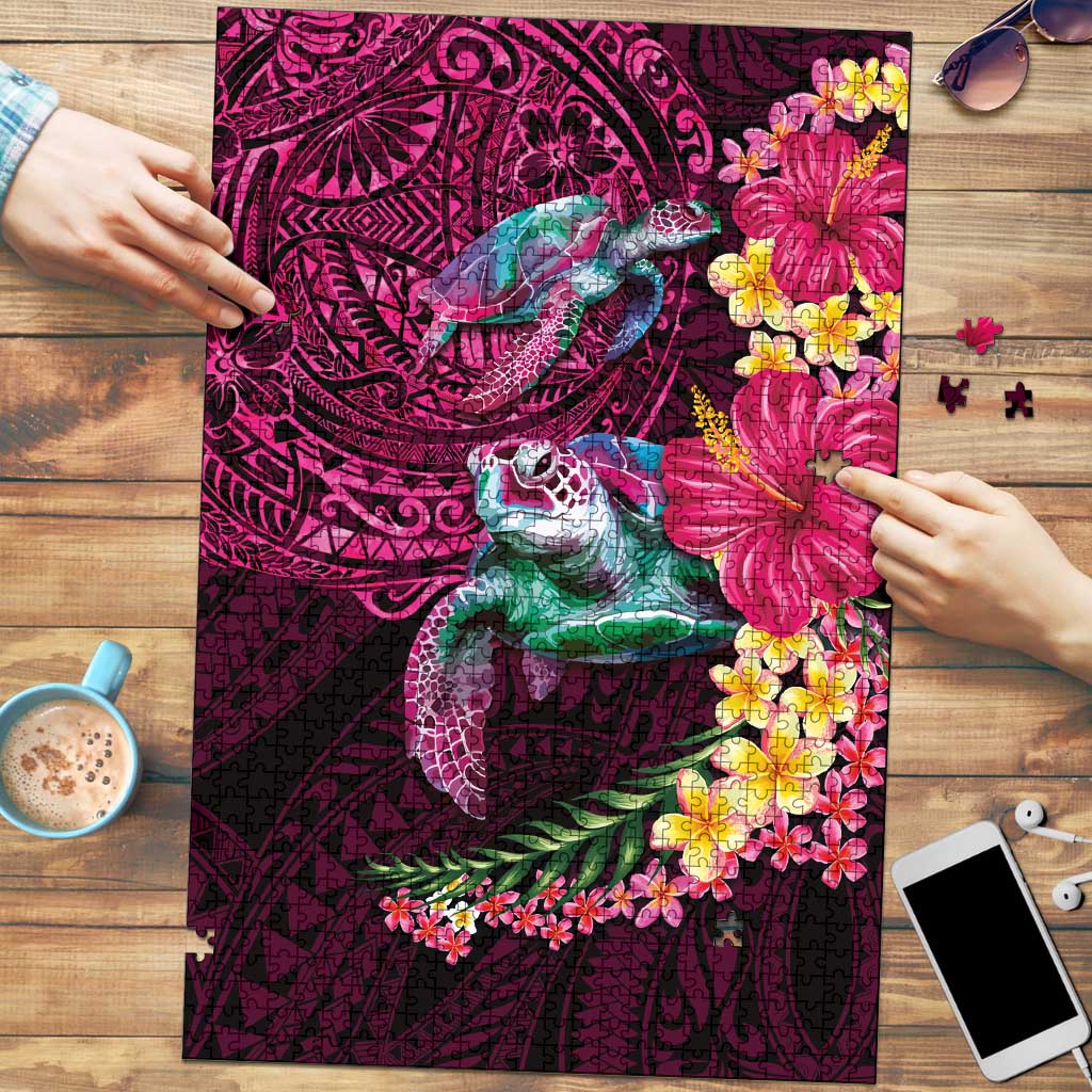Hawaiian Plumeria and Hibiscus with Turtles Puzzle Polynesian Art Red Color LT03 Red - Polynesian Pride