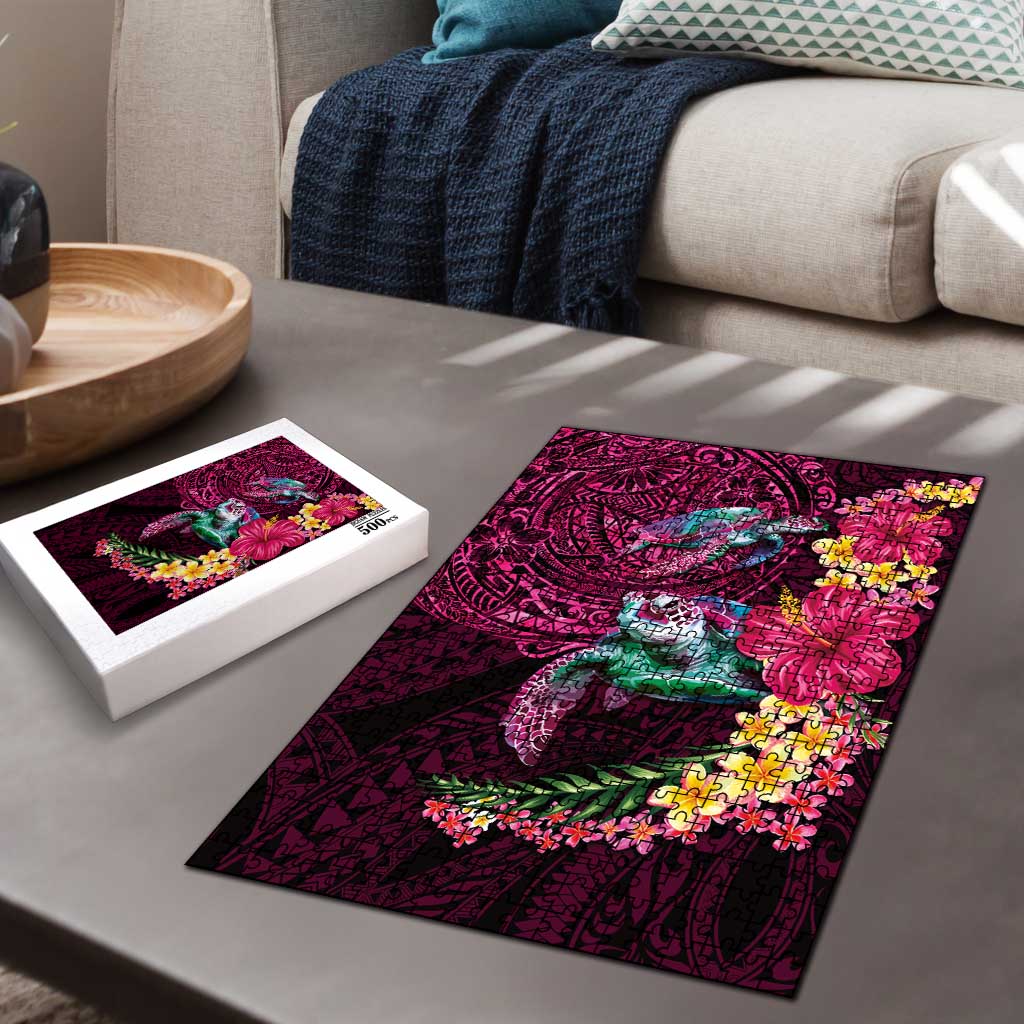 Hawaiian Plumeria and Hibiscus with Turtles Puzzle Polynesian Art Red Color LT03 - Polynesian Pride