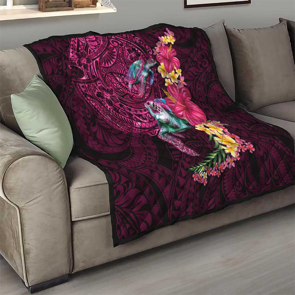 Hawaiian Plumeria and Hibiscus with Turtles Quilt Polynesian Art Red Color - Polynesian Pride