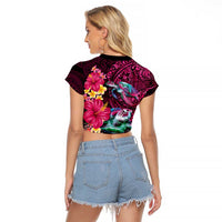Hawaiian Plumeria and Hibiscus with Turtles Raglan Cropped T Shirt Polynesian Art Red Color LT03 - Polynesian Pride