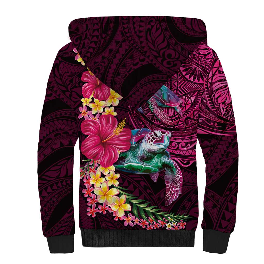 Hawaiian Plumeria and Hibiscus with Turtles Sherpa Hoodie Polynesian Art Red Color LT03 - Polynesian Pride