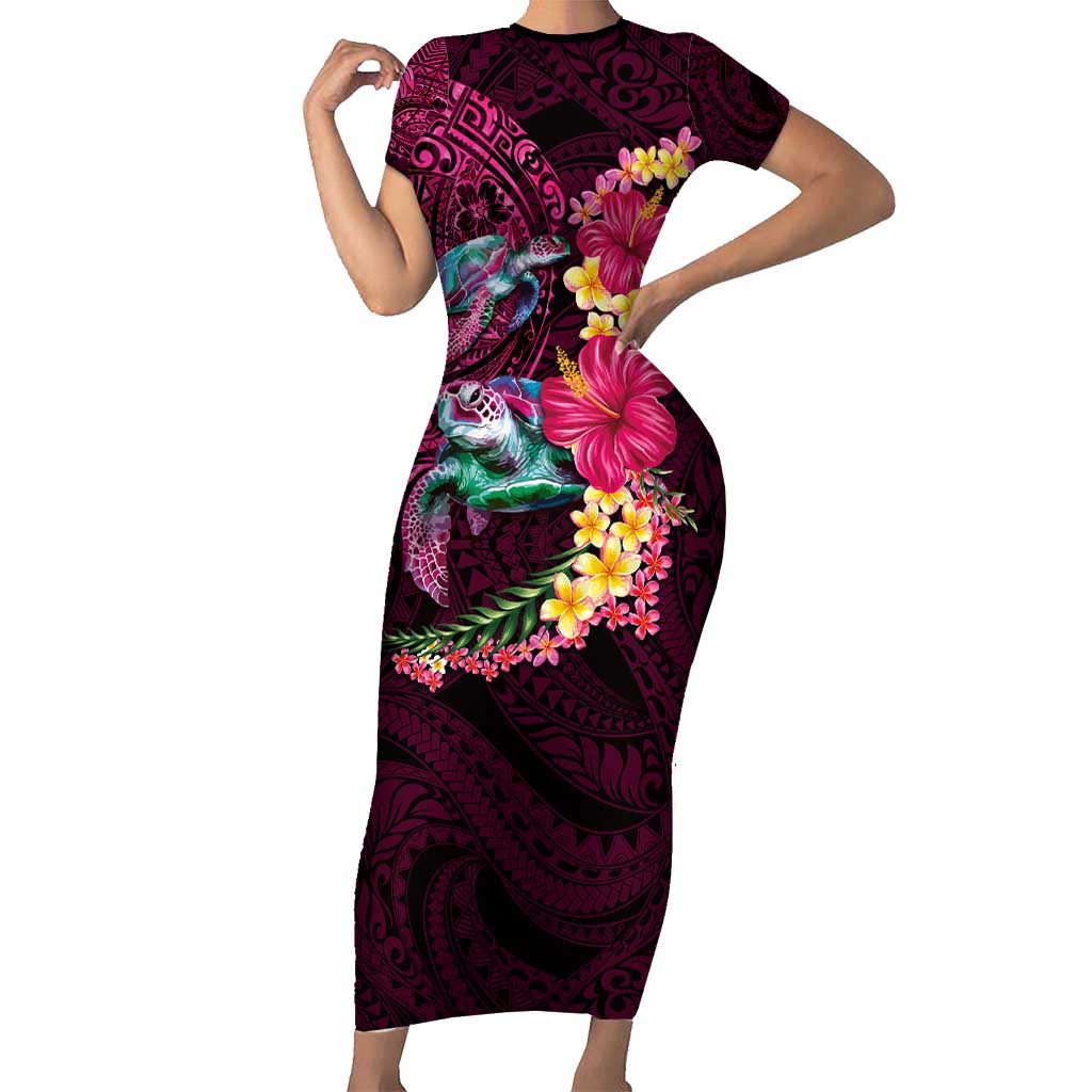 Hawaiian Plumeria and Hibiscus with Turtles Short Sleeve Bodycon Dress Polynesian Art Red Color LT03 Long Dress Red - Polynesian Pride