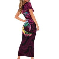 Hawaiian Plumeria and Hibiscus with Turtles Short Sleeve Bodycon Dress Polynesian Art Red Color LT03 - Polynesian Pride