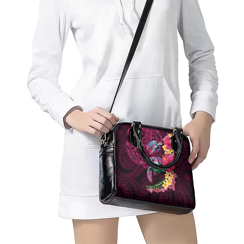 Hawaiian Plumeria and Hibiscus with Turtles Shoulder Handbag Polynesian Art Red Color - Polynesian Pride