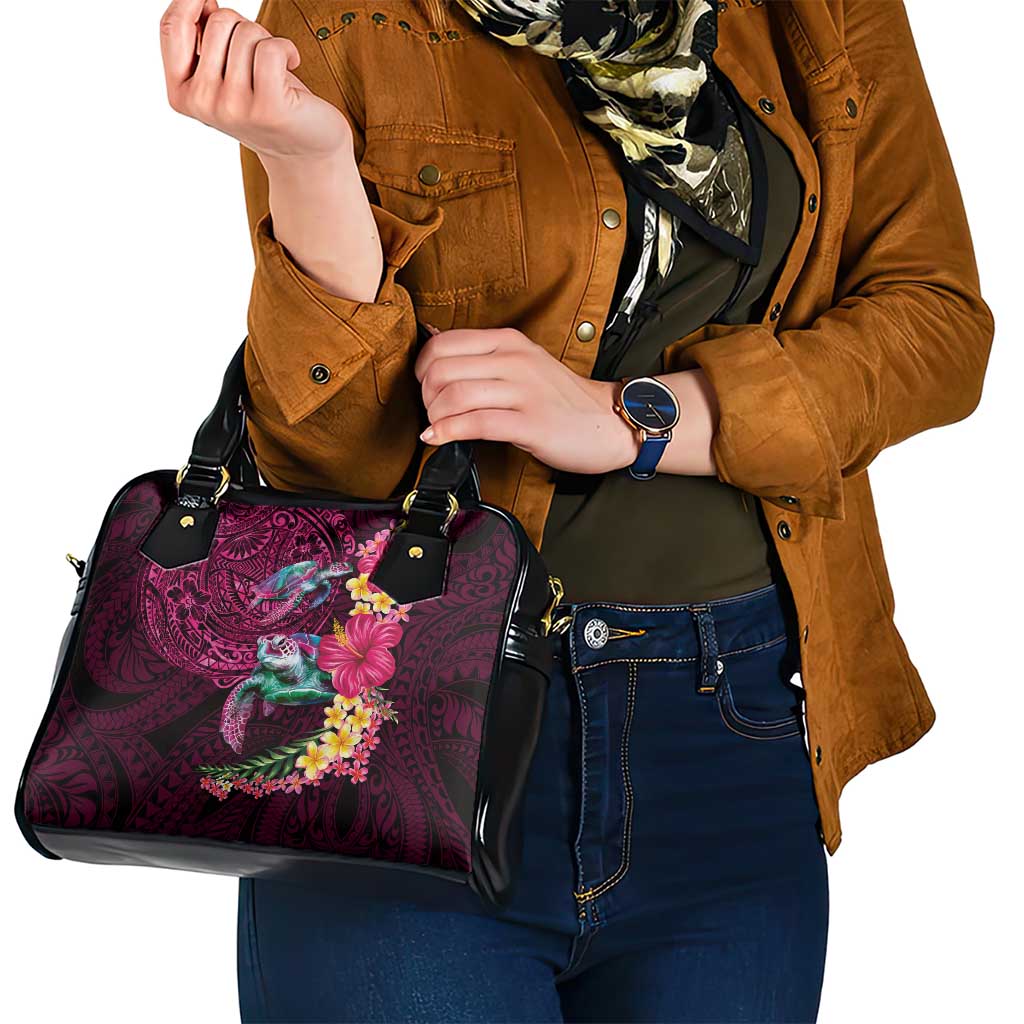 Hawaiian Plumeria and Hibiscus with Turtles Shoulder Handbag Polynesian Art Red Color - Polynesian Pride