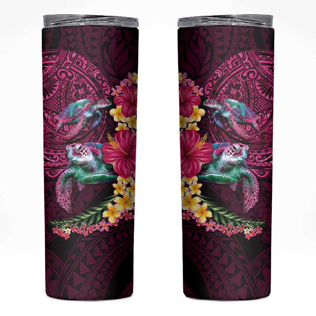 Hawaiian Plumeria and Hibiscus with Turtles Skinny Tumbler Polynesian Art Red Color LT03 Red - Polynesian Pride