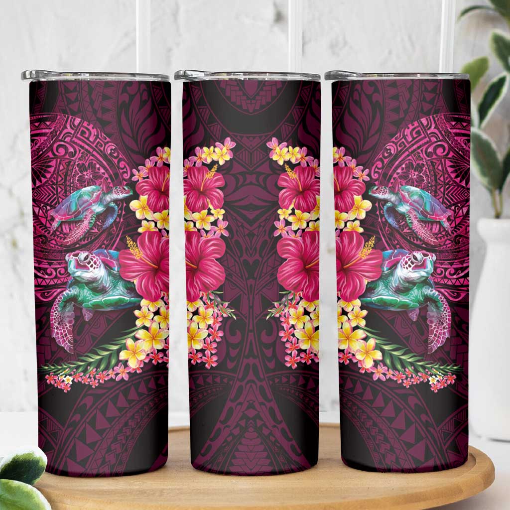 Hawaiian Plumeria and Hibiscus with Turtles Skinny Tumbler Polynesian Art Red Color LT03 - Polynesian Pride