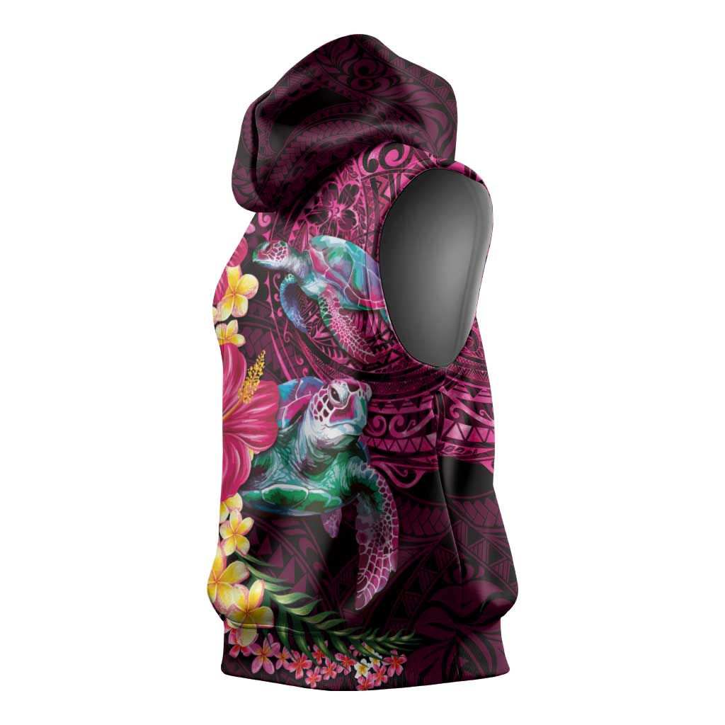 Hawaiian Plumeria and Hibiscus with Turtles Sleeveless Hoodie Polynesian Art Red Color LT03 - Polynesian Pride