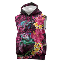 Hawaiian Plumeria and Hibiscus with Turtles Sleeveless Zip Hoodie Polynesian Art Red Color LT03 Red - Polynesian Pride