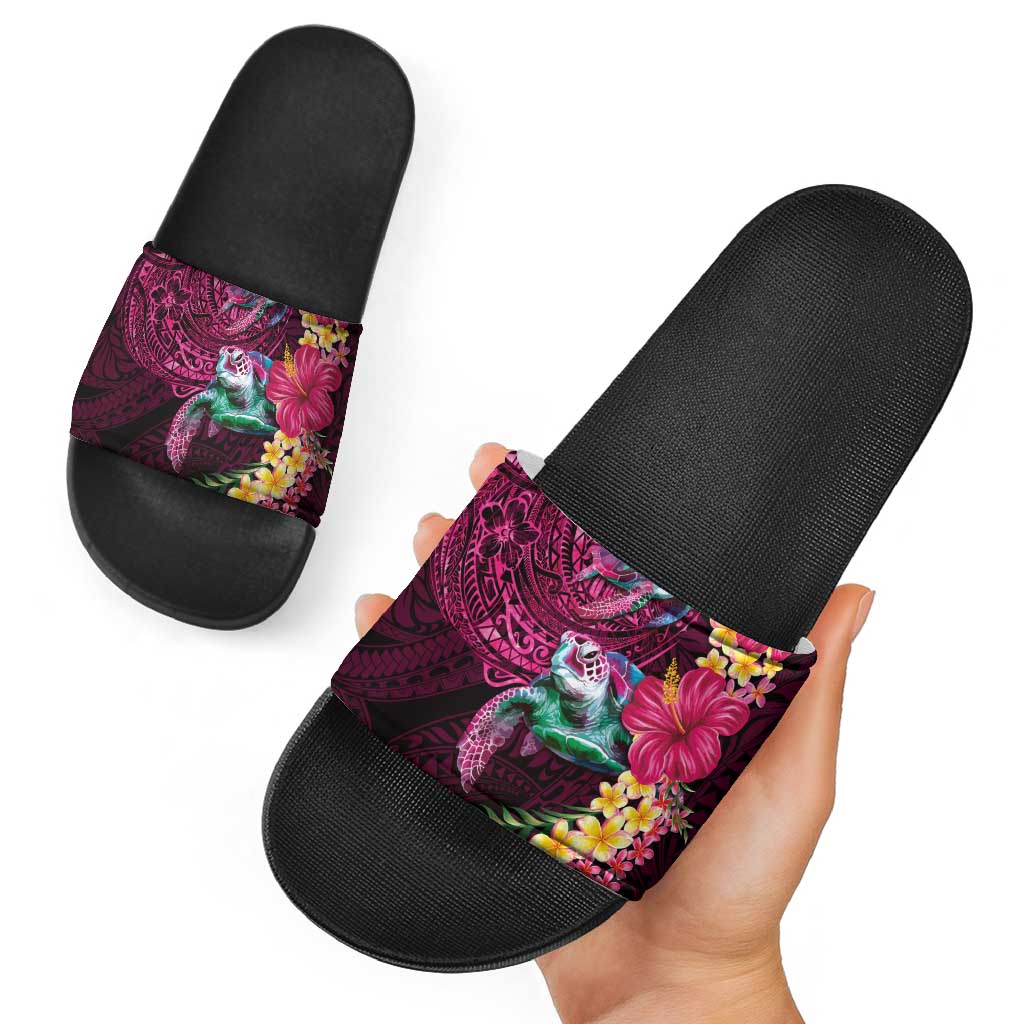 Hawaiian Plumeria and Hibiscus with Turtles Slide Sandals Polynesian Art Red Color - Polynesian Pride