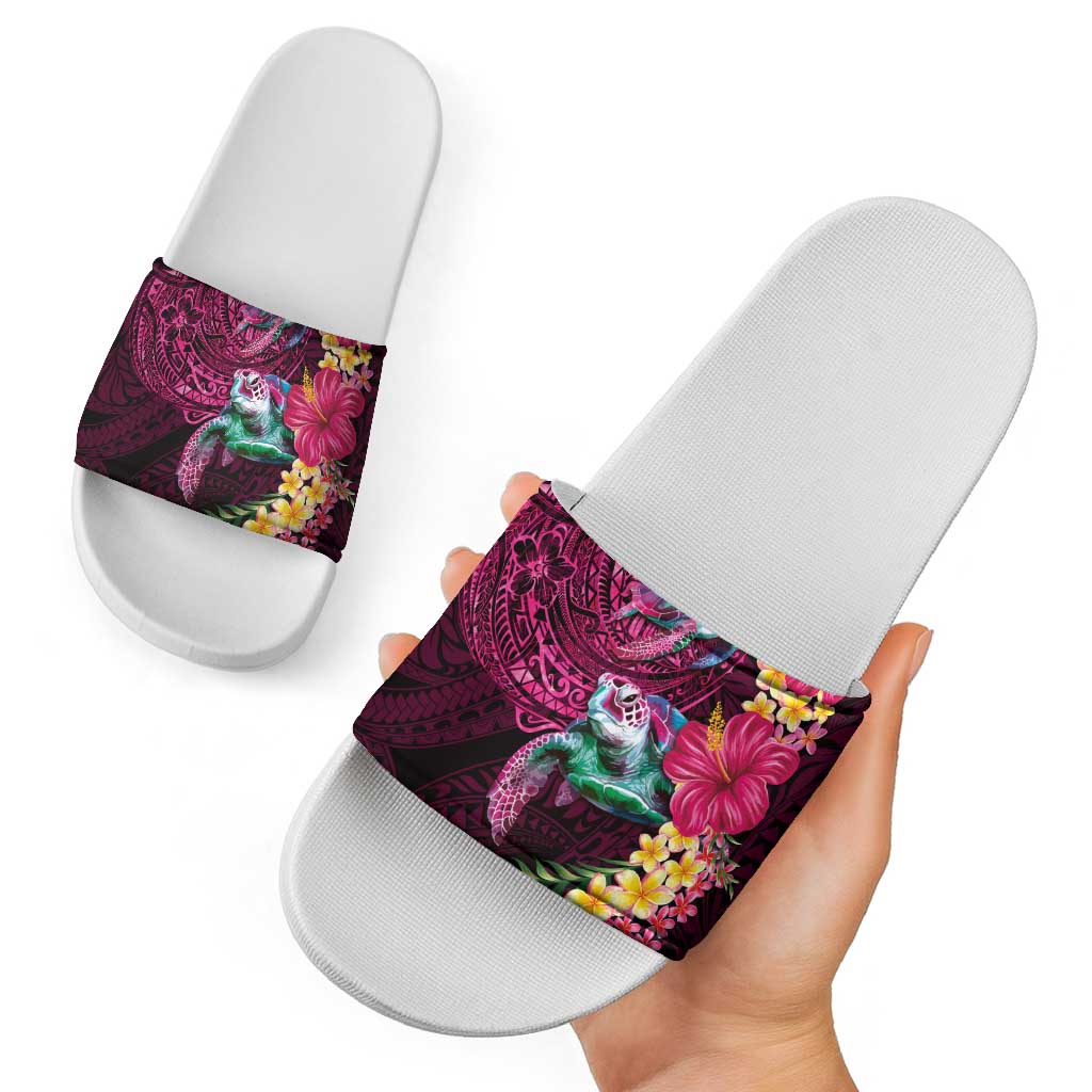 Hawaiian Plumeria and Hibiscus with Turtles Slide Sandals Polynesian Art Red Color - Polynesian Pride