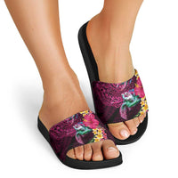 Hawaiian Plumeria and Hibiscus with Turtles Slide Sandals Polynesian Art Red Color - Polynesian Pride
