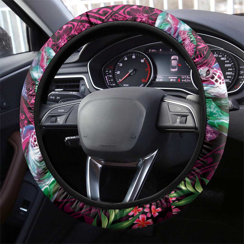 Hawaiian Plumeria and Hibiscus with Turtles Steering Wheel Cover Polynesian Art Red Color LT03 - Polynesian Pride