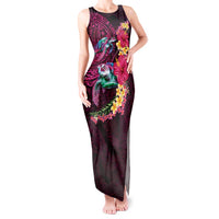 Hawaiian Plumeria and Hibiscus with Turtles Tank Maxi Dress Polynesian Art Red Color LT03 Women Red - Polynesian Pride