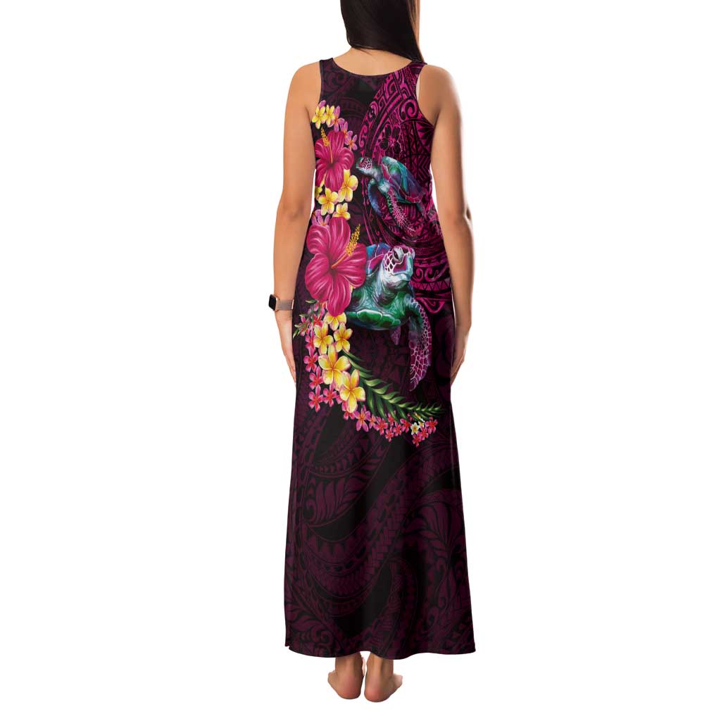 Hawaiian Plumeria and Hibiscus with Turtles Tank Maxi Dress Polynesian Art Red Color LT03 - Polynesian Pride