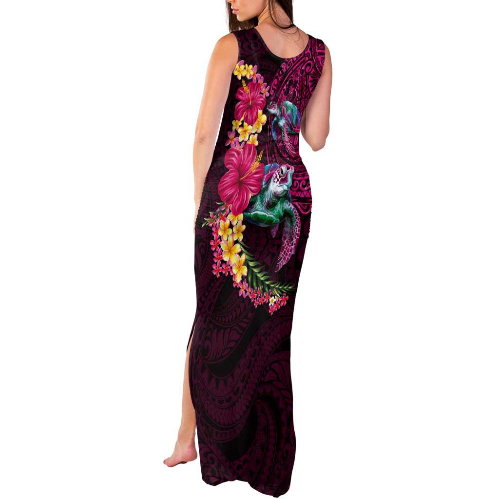 Hawaiian Plumeria and Hibiscus with Turtles Tank Maxi Dress Polynesian Art Red Color LT03 - Polynesian Pride