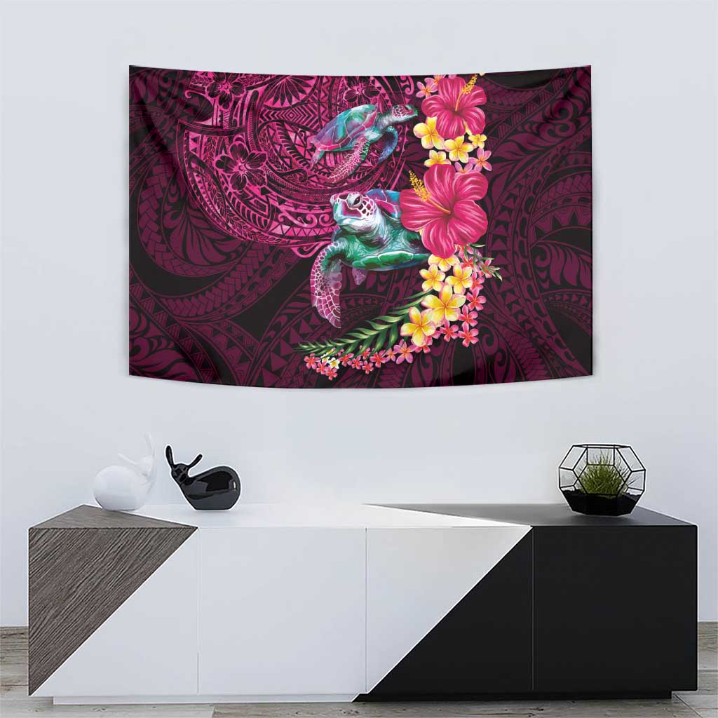 Hawaiian Plumeria and Hibiscus with Turtles Tapestry Polynesian Art Red Color - Polynesian Pride