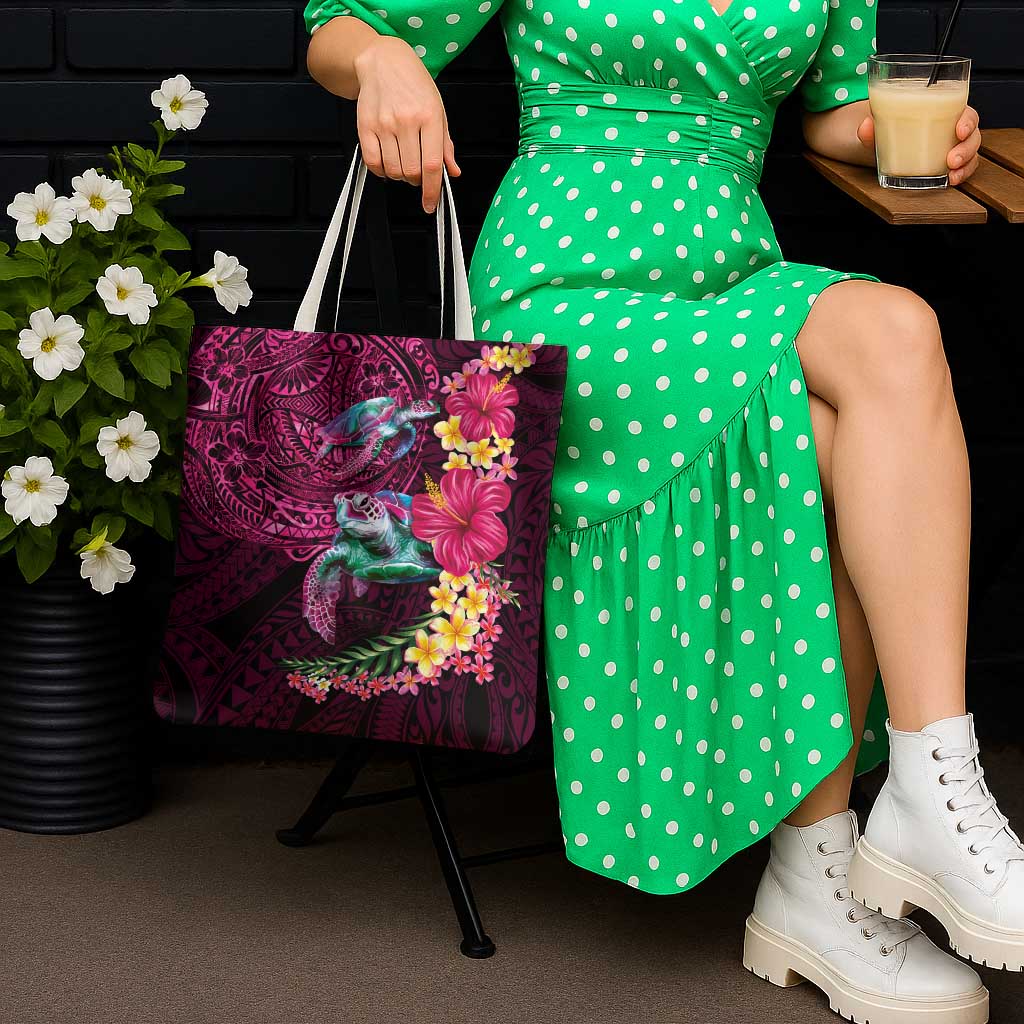 Hawaiian Plumeria and Hibiscus with Turtles Tote Bag Polynesian Art Red Color - Polynesian Pride