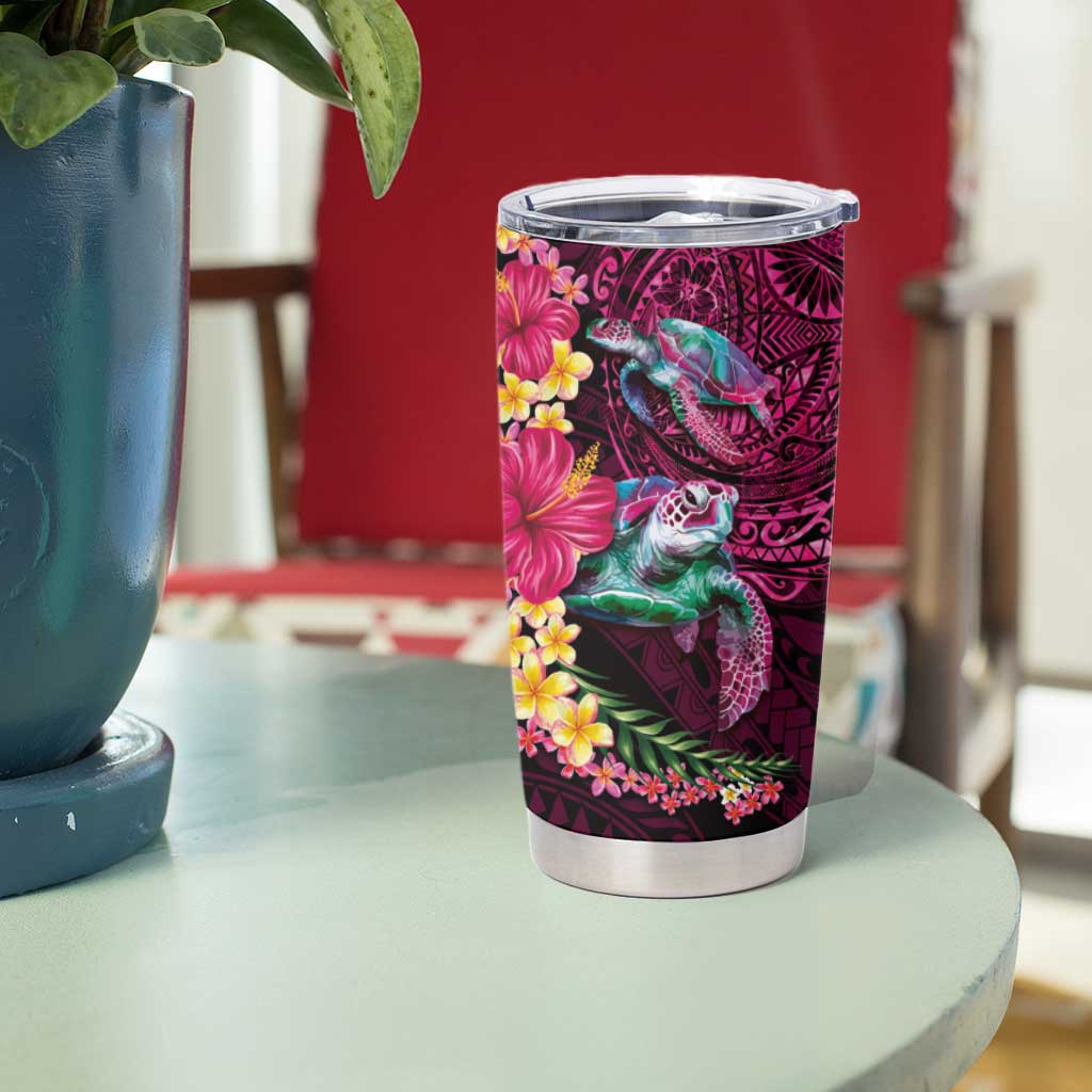 Hawaiian Plumeria and Hibiscus with Turtles Tumbler Cup Polynesian Art Red Color LT03 - Polynesian Pride