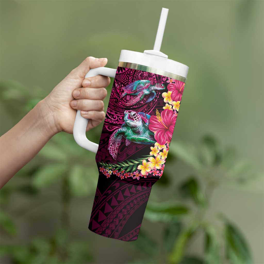 Hawaiian Plumeria and Hibiscus with Turtles Tumbler With Handle Polynesian Art Red Color - Polynesian Pride
