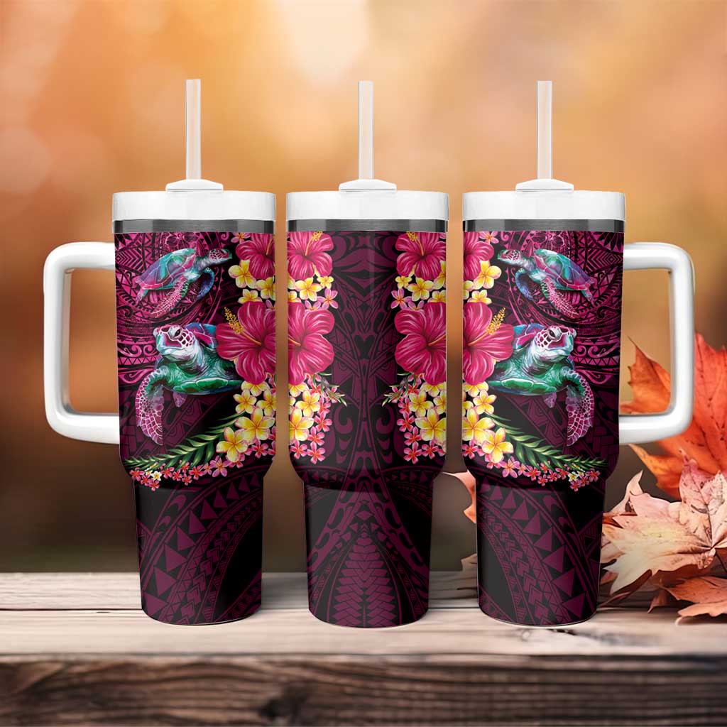 Hawaiian Plumeria and Hibiscus with Turtles Tumbler With Handle Polynesian Art Red Color - Polynesian Pride