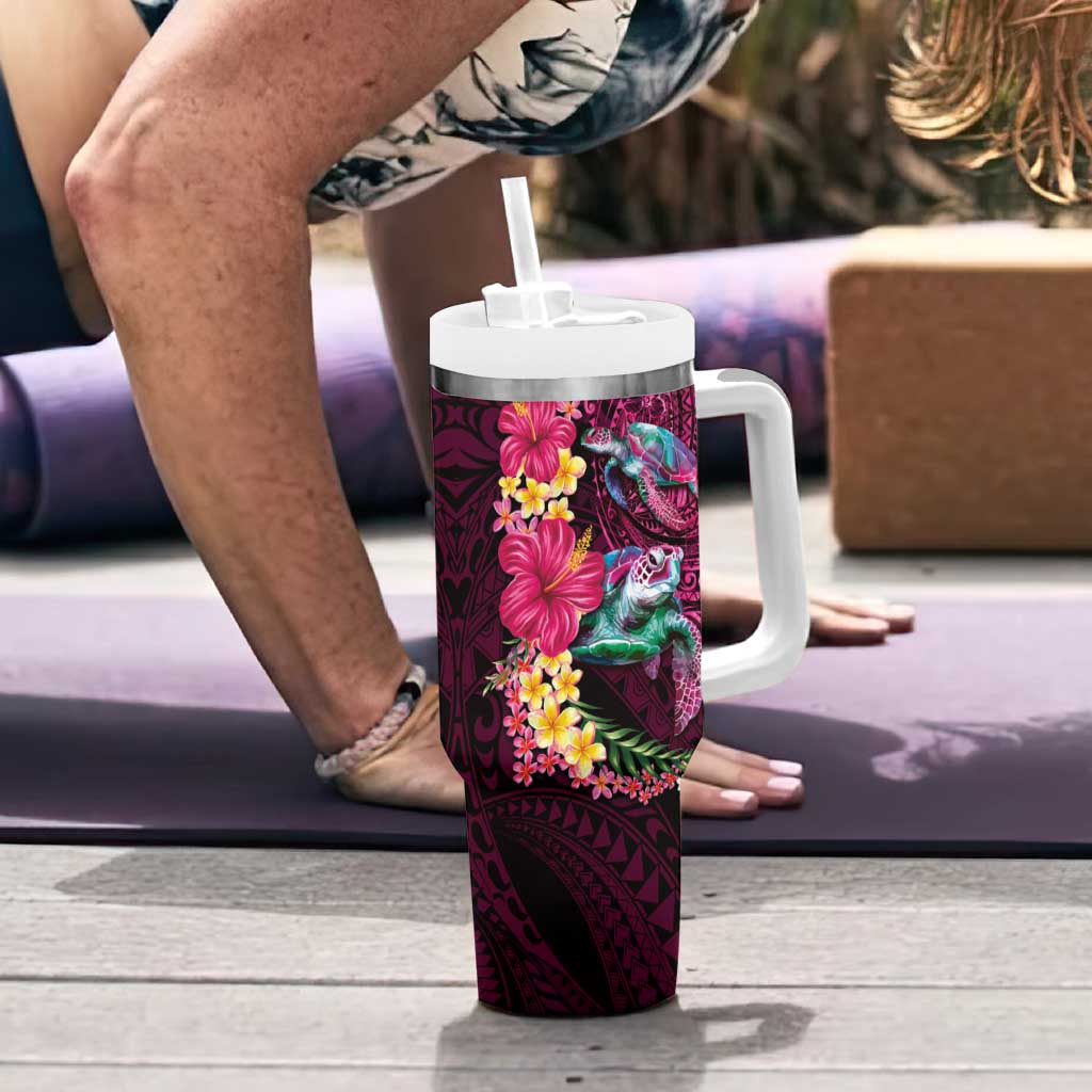 Hawaiian Plumeria and Hibiscus with Turtles Tumbler With Handle Polynesian Art Red Color - Polynesian Pride