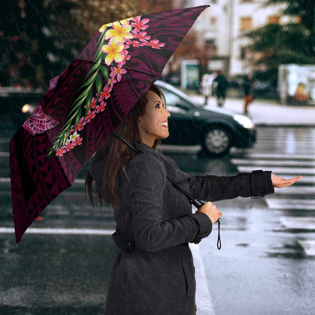 Hawaiian Plumeria and Hibiscus with Turtles Umbrella Polynesian Art Red Color - Polynesian Pride