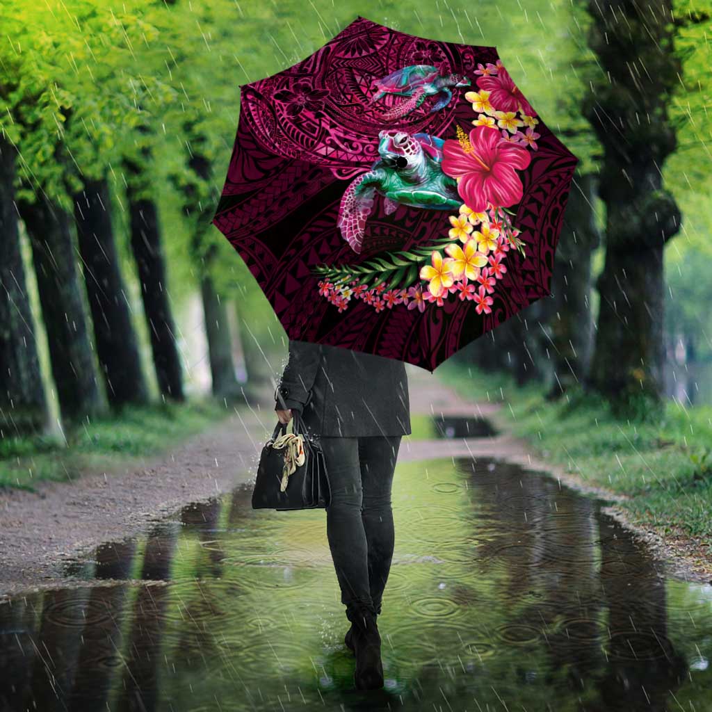 Hawaiian Plumeria and Hibiscus with Turtles Umbrella Polynesian Art Red Color - Polynesian Pride