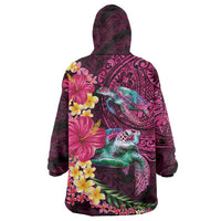 Hawaiian Plumeria and Hibiscus with Turtles Wearable Blanket Hoodie Polynesian Art Red Color LT03 - Polynesian Pride
