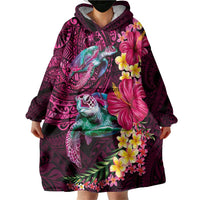 Hawaiian Plumeria and Hibiscus with Turtles Wearable Blanket Hoodie Polynesian Art Red Color LT03 - Polynesian Pride