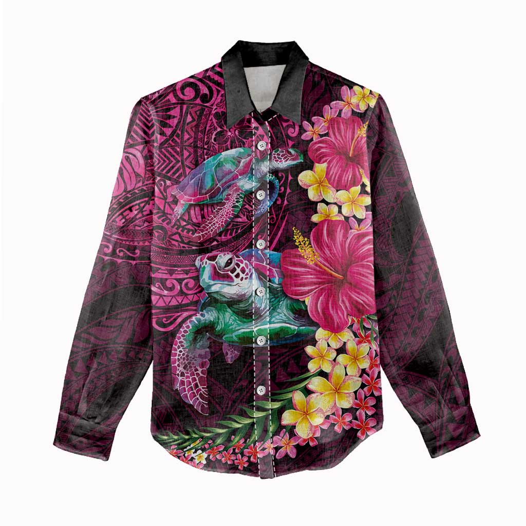 Hawaiian Plumeria and Hibiscus with Turtles Women Casual Shirt Polynesian Art Red Color - Polynesian Pride
