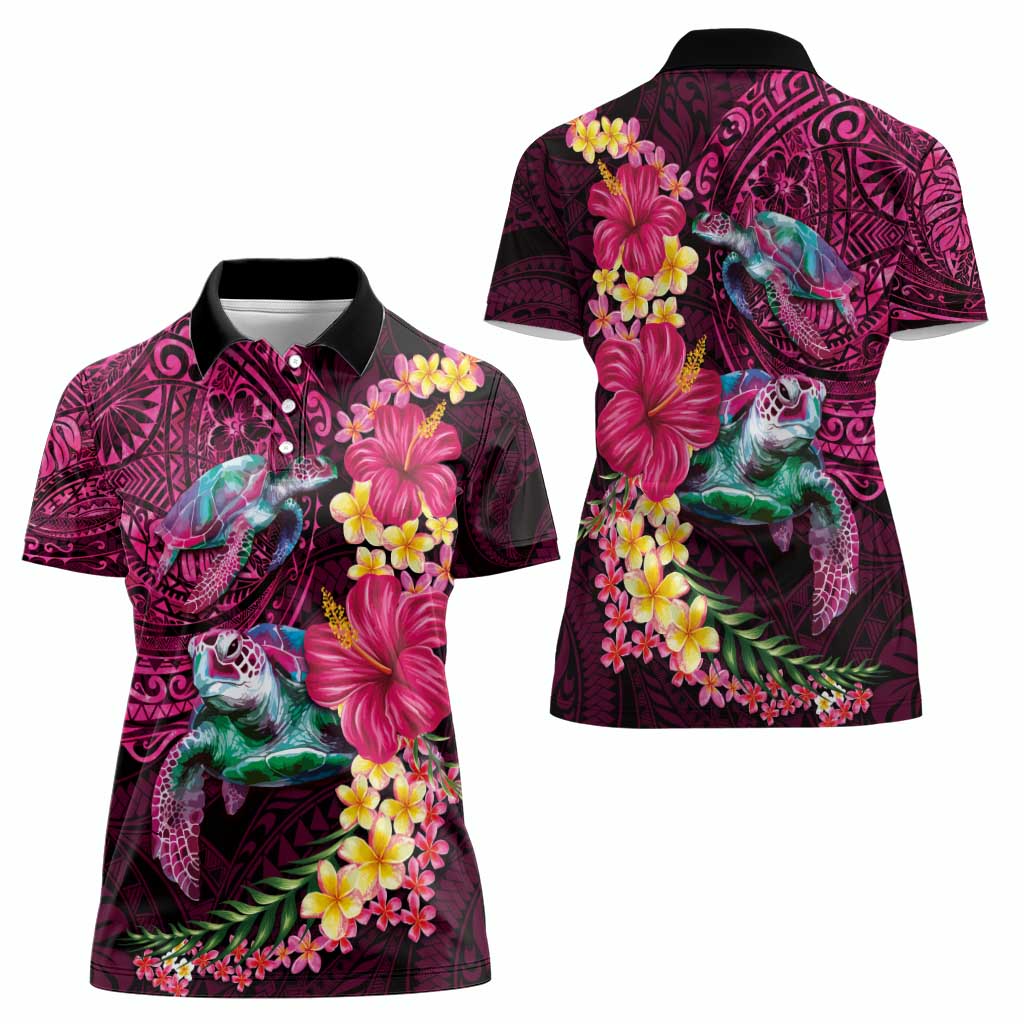 Hawaiian Plumeria and Hibiscus with Turtles Women Polo Shirt Polynesian Art Red Color - Polynesian Pride