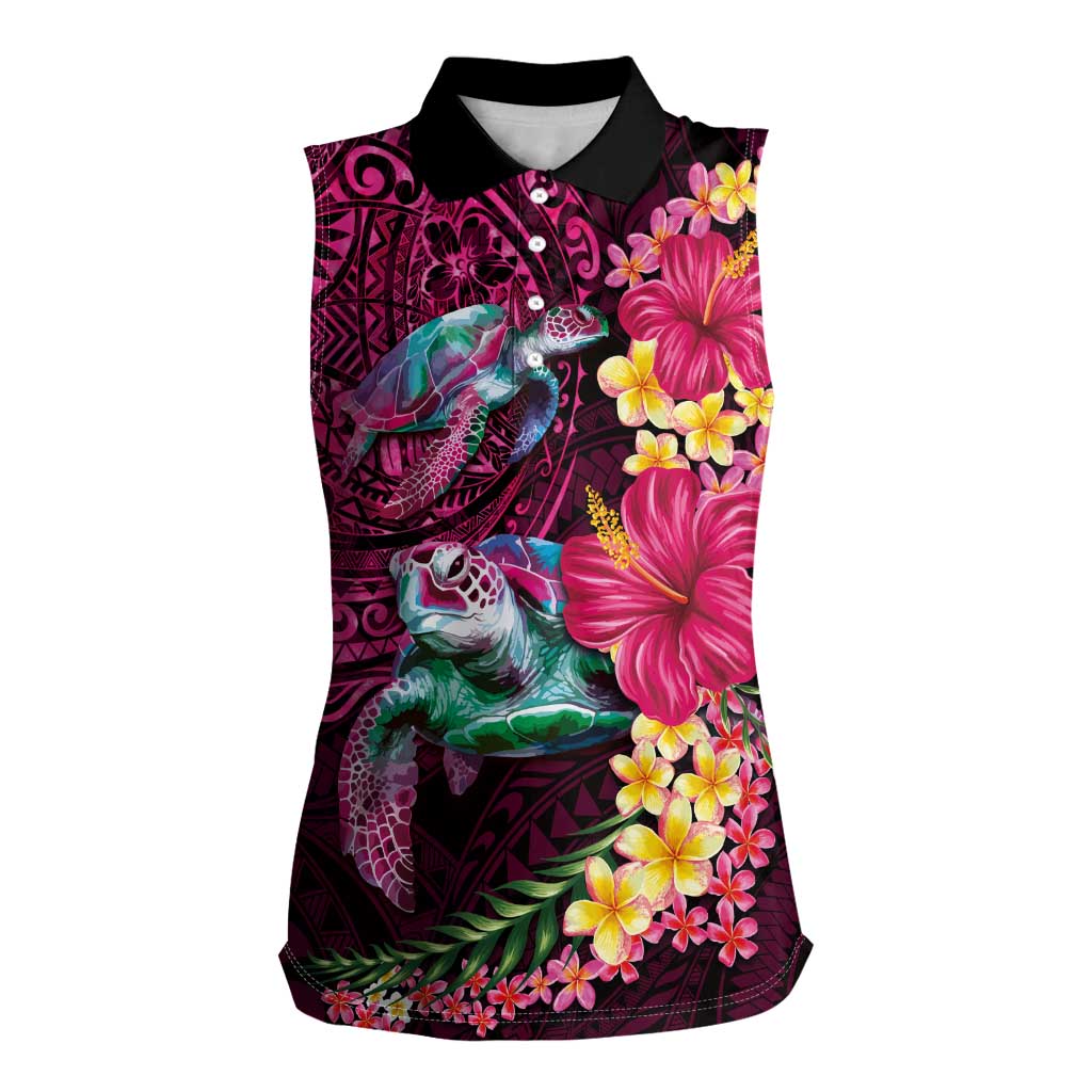 Hawaiian Plumeria and Hibiscus with Turtles Women Sleeveless Polo Shirt Polynesian Art Red Color LT03 Female Red - Polynesian Pride