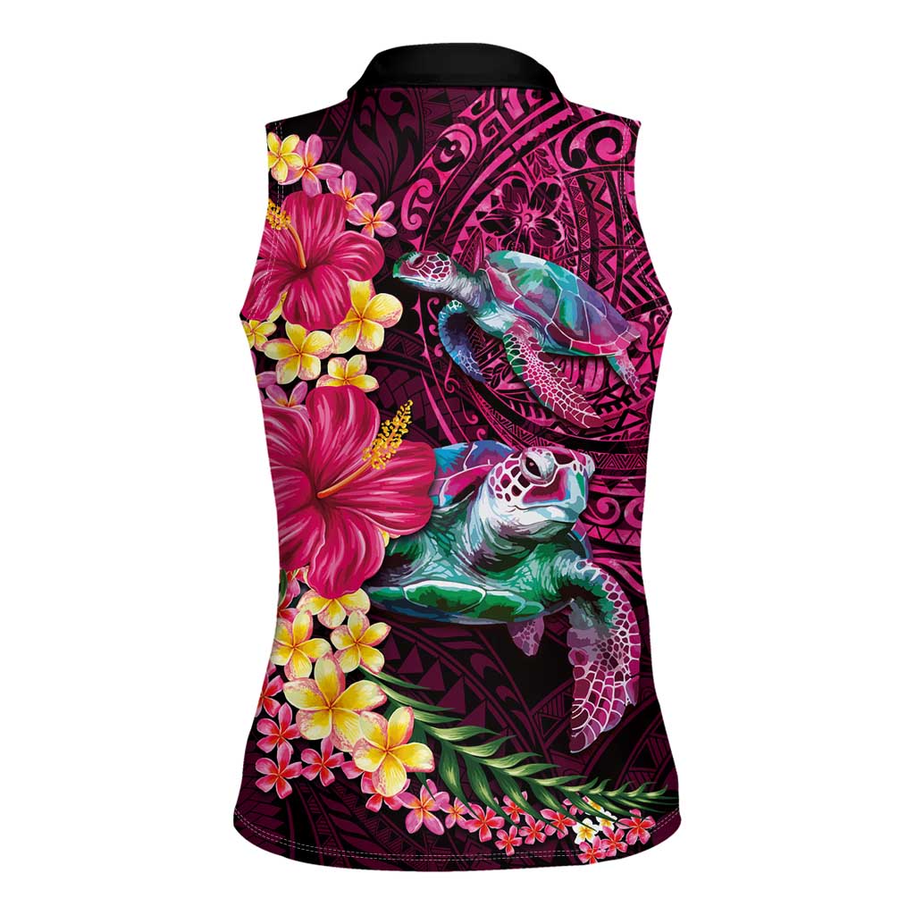 Hawaiian Plumeria and Hibiscus with Turtles Women Sleeveless Polo Shirt Polynesian Art Red Color LT03 - Polynesian Pride