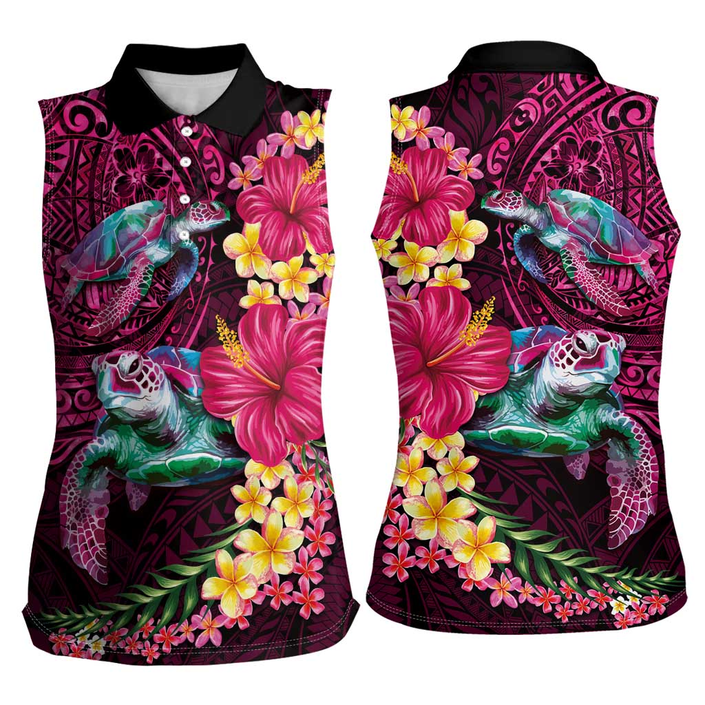 Hawaiian Plumeria and Hibiscus with Turtles Women Sleeveless Polo Shirt Polynesian Art Red Color LT03 - Polynesian Pride
